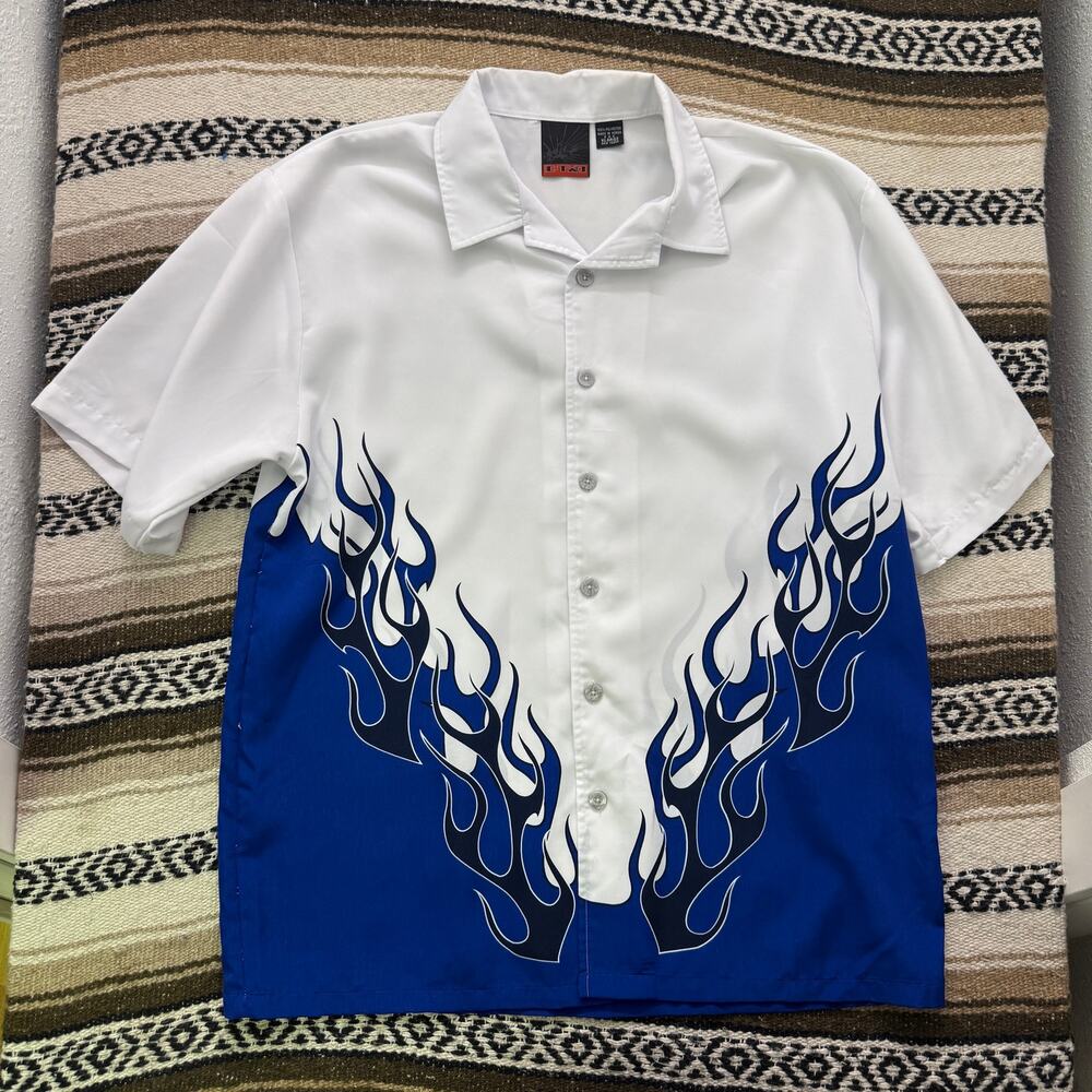 Men's Vintage Y2k C-Two White Blue Flames Button Up Short Sleeve Shirt Sz XL VTG